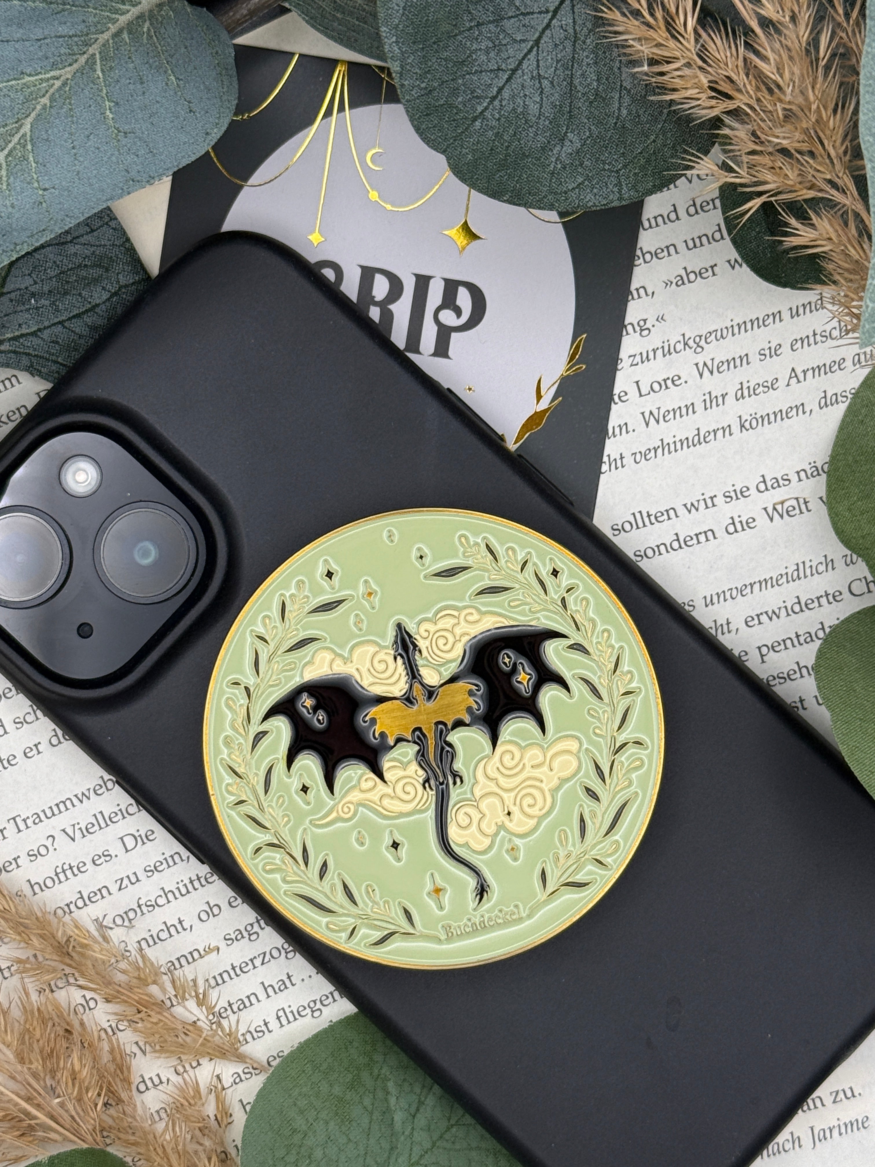Phone Grip strukturierte Oberfläche Altgold  "Drache"
